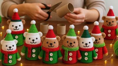 با رول های مقوایی و کاموا، خرس کریسمسی درست کنید | بدون بافتن، آسان و سریع !
