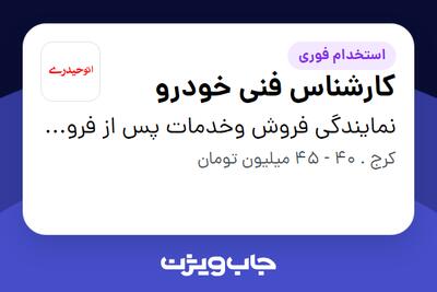  استخدام کارشناس فنی خودرو - آقا در نمایندگی فروش وخدمات پس از فروش گروه خودرویی حیدری