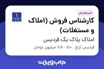  استخدام کارشناس فروش (املاک و مستغلات) در املاک پلاک یک فردیس