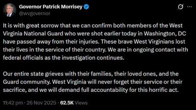  فرماندار ویرجینیای غربی: اعضای گارد ملی آمریکا که در تیراندازی واشنگتن زخمی شده بودند، در بیمارستان جان باختند