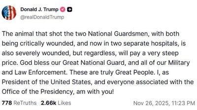  ترامپ: دو نفر از اعضای گارد ملی در تیراندازی واشنگتن زخمی شده و حالشان وخیم است