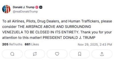  ترامپ از بسته شدن حریم هوایی بر فراز و اطراف ونزوئلا خبر داد