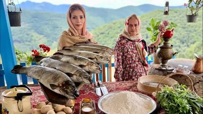  روش سنتی پخت کباب ماهی قزل‌آلا در تنور زیرزمینی آذربایجان (فیلم)
