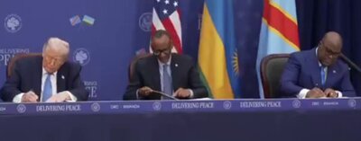 لحظه امضا توافق صلح میان رواندا و کنگو با حضور ترامپ