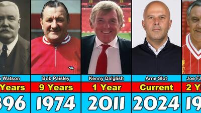  تمام سرمربیان تاریخ باشگاه لیورپول از سال 1892 تا 2025، با حضور شنکلی، پیزلی، دالگلیش، کلوپ و اسلوت