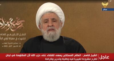  شیخ نعیم قاسم: آمریکا هیچ ارتباطی با موضوع سلاح مقاومت ندارد/ دلیل دشمنی با حزب‌الله، الگو بودن آن است/ همسویی با اسرائیل یعنی سوراخ کردن کشتی، و در آن صورت همه غرق خواهند شد