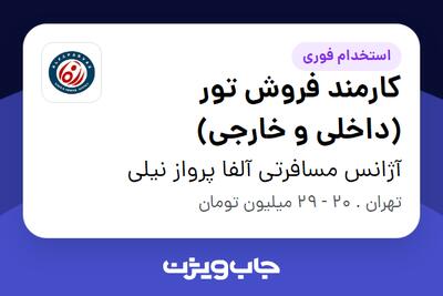  استخدام کارمند فروش تور (داخلی و خارجی) - خانم در آژانس مسافرتی آلفا پرواز نیلی