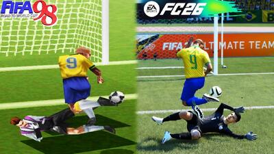 مقایسه جزئیات گرافیکی در نحوه دریبل زدن دروازه‌بان از FIFA 94 تا EA FC 26