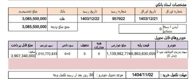 دعوتنامه تکمیل وجه سهند اتوماتیک تیپ 3 (مدل E)