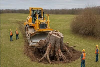  ابزارآلات غول پیکر؛ اپراتور بیل مکانیکی کاردک غول نصب میکنه بزنه زیر درخت ریشه کن کنه