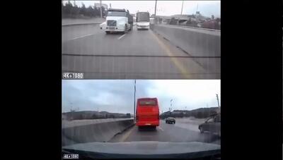  تصادف مهیب: خودرو میان دو اتوبوس له شد (فیلم)