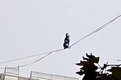 ببینید | حرکت خطرناک دختر جوان در تهران روی سیم‌های بین ساختمان