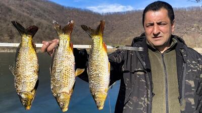  صید ۳ ماهی کپور و کباب کردن آن‌ها به روشی خاص در روستایی از آذربایجان (فیلم)