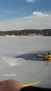 نجات نفس‌گیر یک سگ از دریاچه یخ‌زده توسط نیروی پلیس