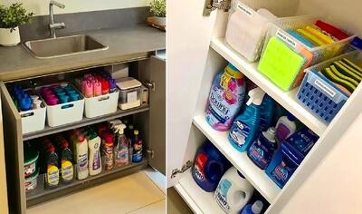  کاربردی کردن فضای کابینت زیر ظرفشویی؛ چیدمان منظم لوازم ریز و درشت با ترفند مرتب سازی