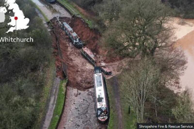 ریزش کانال در انگلیس؛ آب رودخانه خشک شد و قایق‌ها به گل نشستند