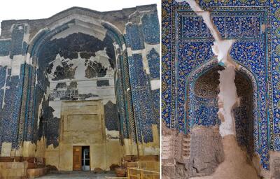  معماری تاریخی؛ مسجد کبود تبریز به رنگ فیروزه که کاشی‌هایش فروریخته اما شکوهش پابرجاست