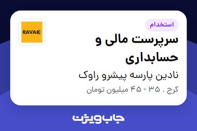  استخدام سرپرست مالی و حسابداری - آقا در نادین پارسه پیشرو راوک