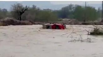 فیلم بلعیده شدن یک خودرو با راننده اش در سیل پارسیان هرمزگان