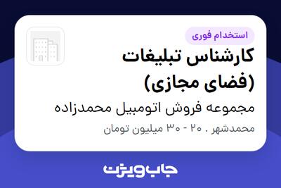  استخدام کارشناس تبلیغات (فضای مجازی) در مجموعه فروش اتومبیل محمدزاده