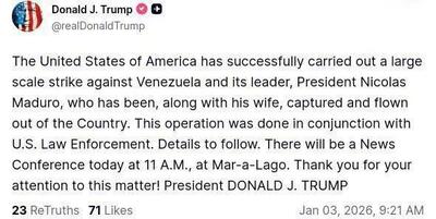  آمریکا با موفقیت یک حملهٔ گسترده علیه ونزوئلا و رهبر آن، رئیس‌جمهور نیکلاس مادورو، انجام داده است