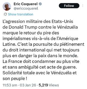 نماینده پارلمان فرانسه: تجاوز نظامی آمریکا به ونزوئلا، بازگشت بدترین نوع امپریالیسم است
