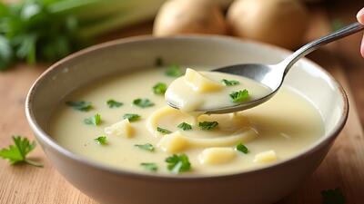  طرز تهیه سوپ لعابدار زمستانی با سیب زمینی و تره فرنگی