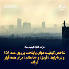 کیفیت هوای پایتخت، هم‌اکنون (۱۷ دی ماه) ۱۵۵ و با آلاینده شاخص ذرات معلق کوچک‌تر از ۲.۵ میکرون در شرایط ناسالم برای همه است