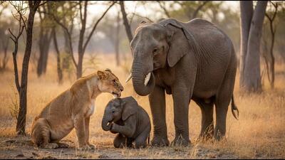 مستند حیات وحش؛ شیر بچه فیل رو نه تنها نخورد کلی هم ناز و نوازشش کرد