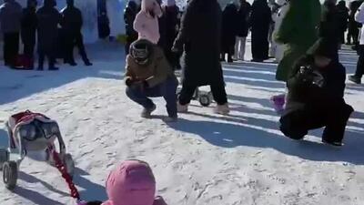  یک سگ رباتیک در کارناوال یخ و برف در هاربین، سورتمه‌ای را در امتداد رودخانه یخ‌زده سونگهوا می‌کشد