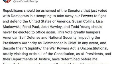  واکنش ترامپ به رأی سنا برای محدود کردن استفاده از نیروهای مسلح علیه ونزوئلا