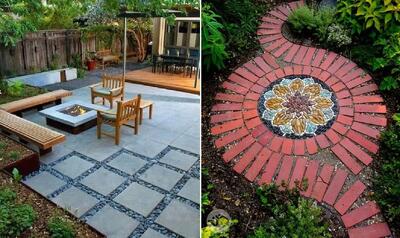  طراحی کفسازی حیاط با موزاییک شیک؛ ایده زیباسازی با ترکیب چمن یا تلفیق مدرن و کلاسیک