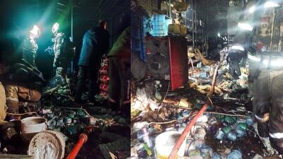 انفجار قوطی‌های رنگ و تینر در آتش‌سوزی مغازه‌ای در بازار آهن شادآباد