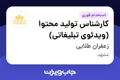  استخدام کارشناس تولید محتوا (ویدئوی تبلیغاتی) - خانم در زعفران طلایی