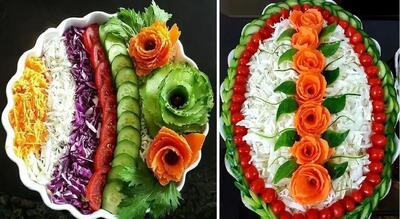  انواع و اقسام تزیین سالاد مناسب میز شام مهمانی؛ روش برش و دیزاین کاهو، خیار و گوجه