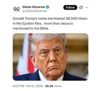  توییت یک رسانه آمریکایی: نام دونالد ترامپ ۳۸۰۰۰ بار در پرونده‌های اپستین ذکر شده است ؛ بیشتر از نام حضرت عیسی در انجیل