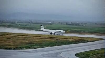  تیک آف تماشایی ایرباس ۳۳۰ ایران ایر در هوای بارانی