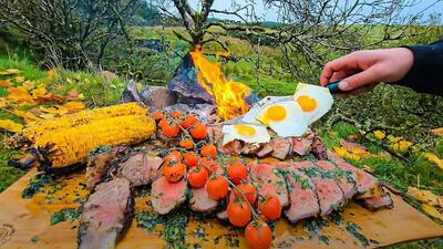  آشپزی در طبیعت با گوشت دودی و استیک آبدار روی آتش