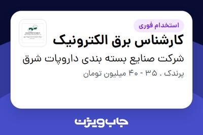  استخدام کارشناس برق الکترونیک - آقا در شرکت صنایع بسته بندی داروپات شرق