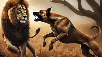  فیلم/ درگیری نادر در حیات وحش؛ حمله غافلگیرکننده سگ به شیر!