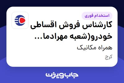  استخدام کارشناس فروش اقساطی خودرو(شعبه مهرادمال کرج) - آقا در همراه مکانیک