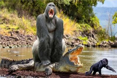  مستند حیات وحش؛ بچه گوریل شجاع گله رو میاره تمساحی که مادرشو خورد ملعبه کنن