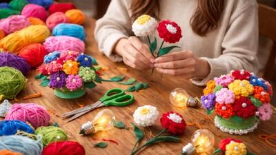 تبدیل کاموا به گل های زیبا: ایده های ساده برای کاردستی