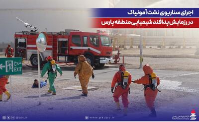  اجرای سناریوی نشت آمونیاک در رزمایش پدافند شیمیایی منطقه پارس