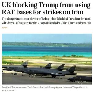  انگلیس به آمریکا اجازه استفاده از دو پایگاه برای حمله احتمالی به ایران را نداد