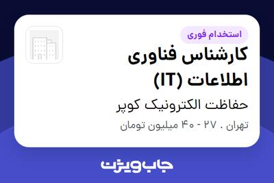  استخدام کارشناس فناوری اطلاعات (IT) - آقا در حفاظت الکترونیک کوپر