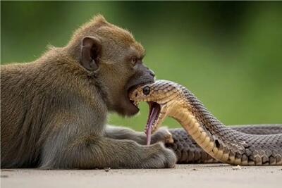  مستند حیات وحش؛ میمون فک کرده مار آدامس گاز گازش میکنه