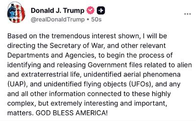  انتشار اسناد موجودات فضایی به دستور ترامپ