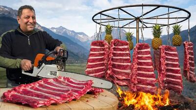  پخت دنده‌های بزرگ گاو روی آتش به روش آسادو