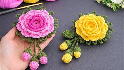  گل رز قلاب بافی با غنچه و برگ / سریع، آسان و سودآور!